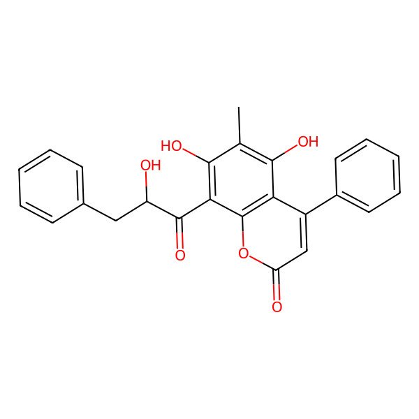 2D Structure of 5,7-dihydroxy-8-[(2R)-2-hydroxy-3-phenylpropanoyl]-6-methyl-4-phenylchromen-2-one