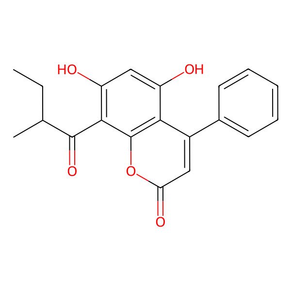 2D Structure of 5,7-dihydroxy-8-[(2R)-2-methylbutanoyl]-4-phenylchromen-2-one