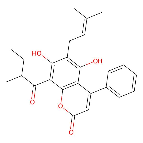 2D Structure of 5,7-dihydroxy-8-[(2R)-2-methylbutanoyl]-6-(3-methylbut-2-enyl)-4-phenylchromen-2-one