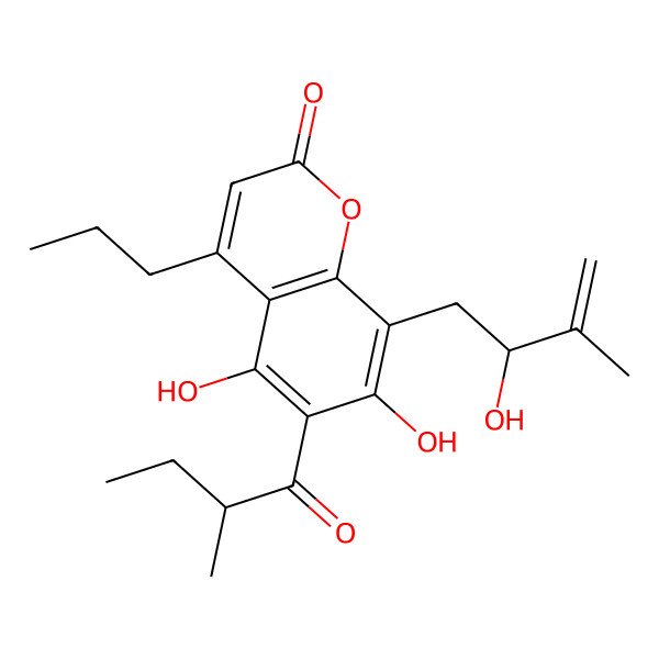 2D Structure of 5,7-dihydroxy-8-[(2S)-2-hydroxy-3-methylbut-3-enyl]-6-[(2R)-2-methylbutanoyl]-4-propylchromen-2-one