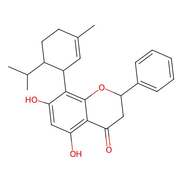 2D Structure of 5,7-Dihydroxy-8-(3-methyl-6-propan-2-ylcyclohex-2-en-1-yl)-2-phenyl-2,3-dihydrochromen-4-one 2D Structure of 5,7-Dihydroxy-8-(3-methyl-6-propan-2-ylcyclohex-2-en-1-yl)-2-phenyl-2,3-dihydrochromen-4-one
