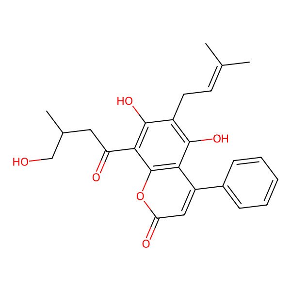 2D Structure of 5,7-dihydroxy-8-[(3S)-4-hydroxy-3-methylbutanoyl]-6-(3-methylbut-2-enyl)-4-phenylchromen-2-one