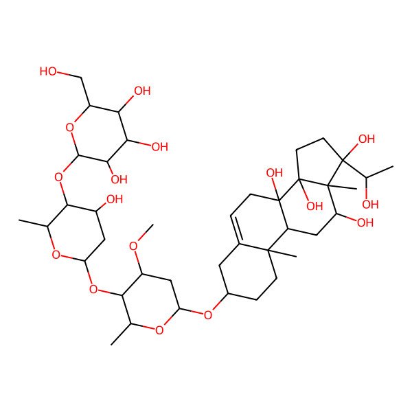 2D Structure of (3S,8S,9R,10R,12R,13R,14R,17S)-17-[(1S)-1-hydroxyethyl]-3-[(2R,4R,5R,6R)-5-[(2S,4S,5S,6R)-4-hydroxy-6-methyl-5-[(2R,3R,4S,5S,6R)-3,4,5-trihydroxy-6-(hydroxymethyl)oxan-2-yl]oxyoxan-2-yl]oxy-4-methoxy-6-methyloxan-2-yl]oxy-10,13-dimethyl-1,2,3,4,7,9,11,12,15,16-decahydrocyclopenta[a]phenanthrene-8,12,14,17-tetrol