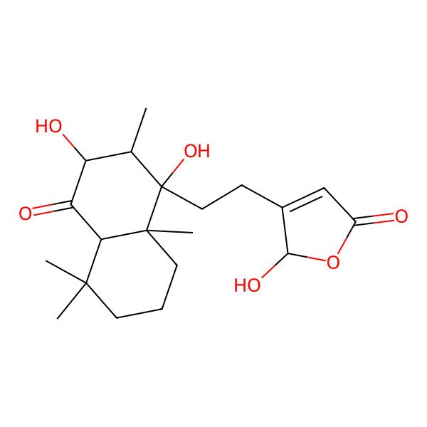 2D Structure of (2S)-3-[2-[(1R,2R,3R,4aS,8aS)-1,3-dihydroxy-2,5,5,8a-tetramethyl-4-oxo-2,3,4a,6,7,8-hexahydronaphthalen-1-yl]ethyl]-2-hydroxy-2H-furan-5-one