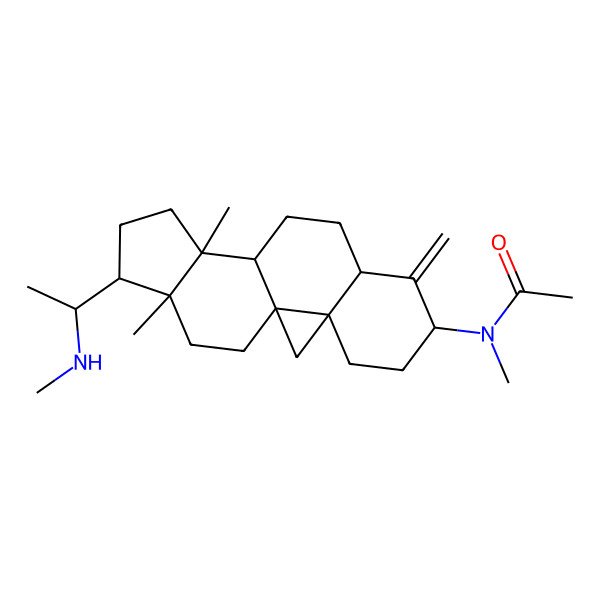 2D Structure of N-[12,16-dimethyl-15-[1-(methylamino)ethyl]-7-methylidene-6-pentacyclo[9.7.0.01,3.03,8.012,16]octadecanyl]-N-methylacetamide