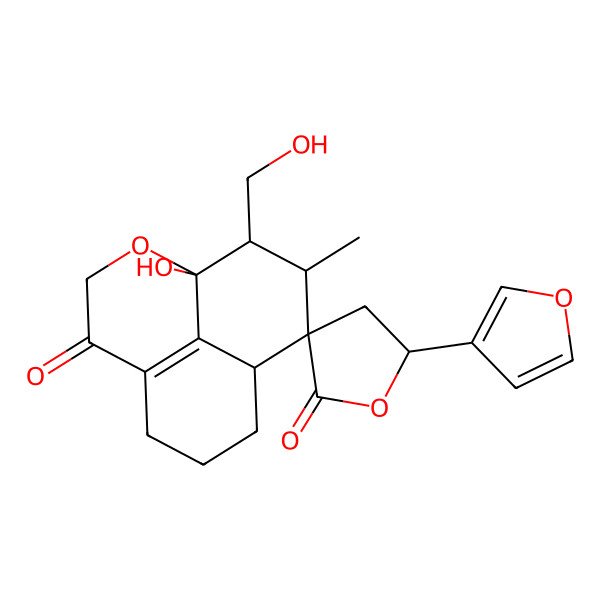 2D Structure of 5'-(Furan-3-yl)-1-hydroxy-12-(hydroxymethyl)-11-methylspiro[2-oxatricyclo[7.3.1.05,13]tridec-5(13)-ene-10,3'-oxolane]-2',4-dione