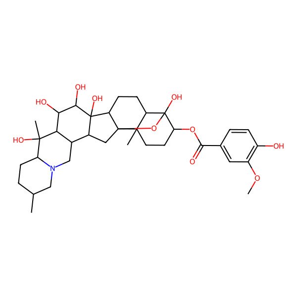 2D Structure of [(1S,2S,6S,9S,10S,11R,12R,13S,14S,15S,18S,19S,22S,23S,25R)-10,12,13,14,23-pentahydroxy-6,10,19-trimethyl-24-oxa-4-azaheptacyclo[12.12.0.02,11.04,9.015,25.018,23.019,25]hexacosan-22-yl] 4-hydroxy-3-methoxybenzoate