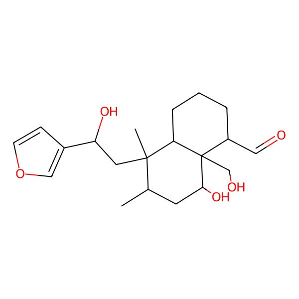 2D Structure of (1S,4aR,5S,6R,8S,8aR)-5-[(2S)-2-(furan-3-yl)-2-hydroxyethyl]-8-hydroxy-8a-(hydroxymethyl)-5,6-dimethyl-1,2,3,4,4a,6,7,8-octahydronaphthalene-1-carbaldehyde