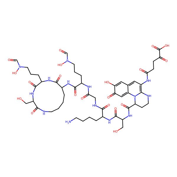 2D Structure of 5-[[1-[[1-[[6-Amino-1-[[2-[[5-[formyl(hydroxy)amino]-1-[[6-[3-[formyl(hydroxy)amino]propyl]-3-(hydroxymethyl)-2,5,8-trioxo-1,4,7-triazacyclotridec-9-yl]amino]-1-oxopentan-2-yl]amino]-2-oxoethyl]amino]-1-oxohexan-2-yl]amino]-3-hydroxy-1-oxopropan-2-yl]carbamoyl]-8-hydroxy-9-oxo-1,2,3,4-tetrahydropyrimido[1,2-a]quinolin-5-yl]amino]-2,5-dioxopentanoic acid