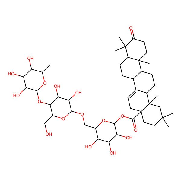2D Structure of [(2S,3R,4S,5S,6R)-6-[[(2R,3R,4R,5S,6R)-3,4-dihydroxy-6-(hydroxymethyl)-5-[(2S,3R,4R,5R,6S)-3,4,5-trihydroxy-6-methyloxan-2-yl]oxyoxan-2-yl]oxymethyl]-3,4,5-trihydroxyoxan-2-yl] (4aS,6aS,6bR,8aR,12aR,14aS,14bS)-2,2,9,9,12a,14b-hexamethyl-10-oxo-1,3,4,5,6a,6b,7,8,8a,11,12,13,14,14a-tetradecahydropicene-4a-carboxylate