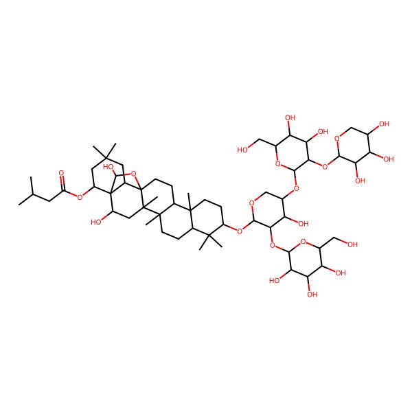 2D Structure of [(1R,2R,4S,5R,8R,10S,13R,14R,17S,18R,22S,23S)-10-[(2S,3R,4S,5S)-5-[(2S,3R,4S,5S,6R)-4,5-dihydroxy-6-(hydroxymethyl)-3-[(2S,3R,4S,5R)-3,4,5-trihydroxyoxan-2-yl]oxyoxan-2-yl]oxy-4-hydroxy-3-[(2S,3R,4S,5S,6R)-3,4,5-trihydroxy-6-(hydroxymethyl)oxan-2-yl]oxyoxan-2-yl]oxy-2,23-dihydroxy-4,5,9,9,13,20,20-heptamethyl-24-oxahexacyclo[15.5.2.01,18.04,17.05,14.08,13]tetracosan-22-yl] 3-methylbutanoate