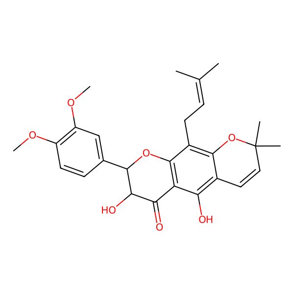 2D Structure of (7R,8R)-8-(3,4-dimethoxyphenyl)-5,7-dihydroxy-2,2-dimethyl-10-(3-methylbut-2-enyl)-7,8-dihydropyrano[3,2-g]chromen-6-one