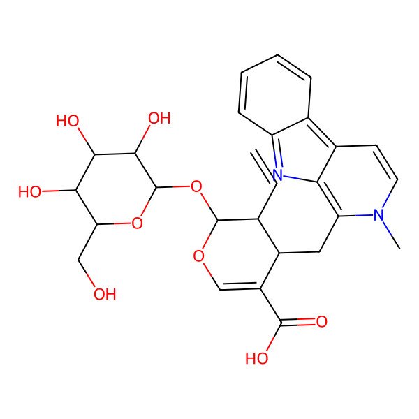 2D Structure of (2S,3R,4S)-3-ethenyl-4-[(2-methylpyrido[3,4-b]indol-1-yl)methyl]-2-[(2S,3R,4S,5S,6R)-3,4,5-trihydroxy-6-(hydroxymethyl)oxan-2-yl]oxy-3,4-dihydro-2H-pyran-5-carboxylic acid