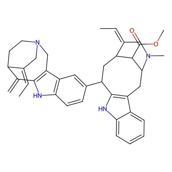 2D Structure of methyl (1S,12R,14R,15E,18S)-15-ethylidene-12-[(13R,14E)-14-ethylidene-12-methylidene-1,10-diazatetracyclo[11.2.2.03,11.04,9]heptadeca-3(11),4(9),5,7-tetraen-6-yl]-17-methyl-10,17-diazatetracyclo[12.3.1.03,11.04,9]octadeca-3(11),4,6,8-tetraene-18-carboxylate