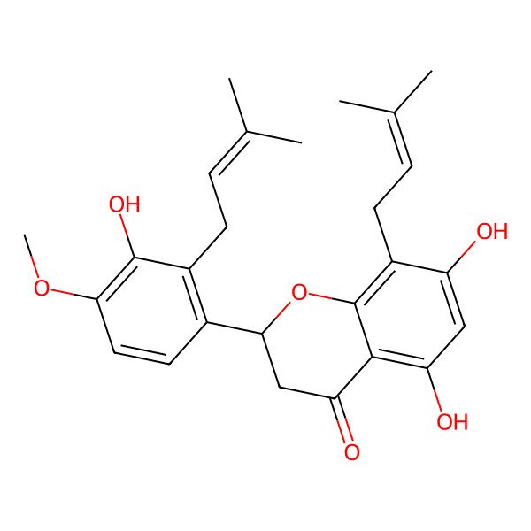 2D Structure of 5,7,3'-trihydroxy-4'-methoxy-8,2'-di(3-methyl-2-butenyl)-(2S)-flavanone