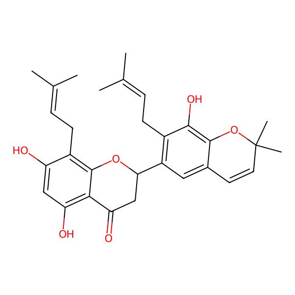 2D Structure of 5,7,3'-trihydroxy-4',5'-(2'''',2''''-dimethylpyran)-8,2'-di(3-methyl-2-butenyl)-(2S)-flavanone
