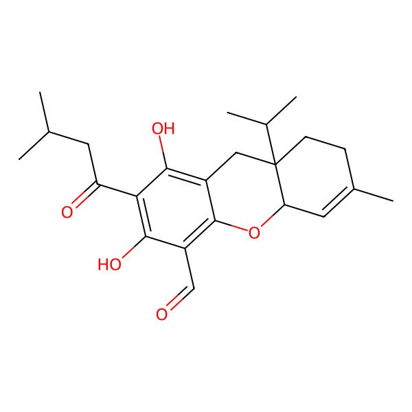 2D Structure of 1,3-Dihydroxy-6-methyl-2-(3-methylbutanoyl)-8a-propan-2-yl-7,8,9,10a-tetrahydroxanthene-4-carbaldehyde