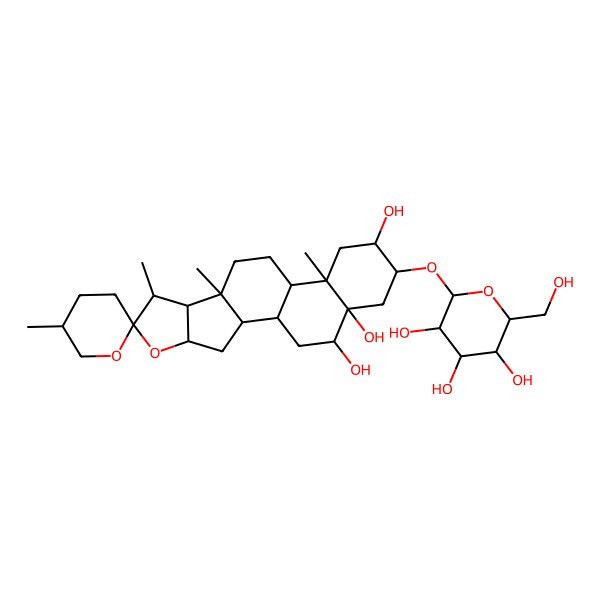 2D Structure of 5',7,9,13-Tetramethyl-16-[3,4,5-trihydroxy-6-(hydroxymethyl)oxan-2-yl]oxyspiro[5-oxapentacyclo[10.8.0.02,9.04,8.013,18]icosane-6,2'-oxane]-15,18,19-triol