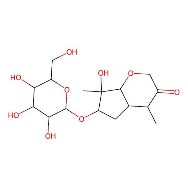 2D Structure of 7-hydroxy-4,7-dimethyl-6-[3,4,5-trihydroxy-6-(hydroxymethyl)oxan-2-yl]oxy-4a,5,6,7a-tetrahydro-4H-cyclopenta[b]pyran-3-one
