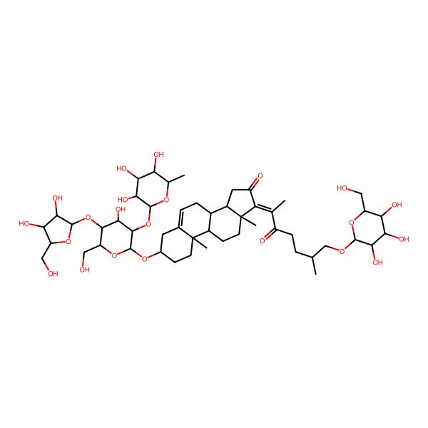 2D Structure of (3S,8R,9S,10R,13S,14S,17Z)-3-[(2R,3R,4S,5S,6R)-5-[(2S,3R,4R,5S)-3,4-dihydroxy-5-(hydroxymethyl)oxolan-2-yl]oxy-4-hydroxy-6-(hydroxymethyl)-3-[(2S,3R,4R,5R,6S)-3,4,5-trihydroxy-6-methyloxan-2-yl]oxyoxan-2-yl]oxy-10,13-dimethyl-17-[(6R)-6-methyl-3-oxo-7-[(2R,3R,4S,5S,6R)-3,4,5-trihydroxy-6-(hydroxymethyl)oxan-2-yl]oxyheptan-2-ylidene]-2,3,4,7,8,9,11,12,14,15-decahydro-1H-cyclopenta[a]phenanthren-16-one