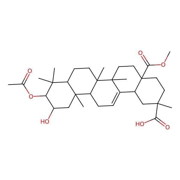 2D Structure of (2S,4aR,6aR,6aS,6bR,8aR,10R,11S,12aR,14bS)-10-acetyloxy-11-hydroxy-4a-methoxycarbonyl-2,6a,6b,9,9,12a-hexamethyl-1,3,4,5,6,6a,7,8,8a,10,11,12,13,14b-tetradecahydropicene-2-carboxylic acid