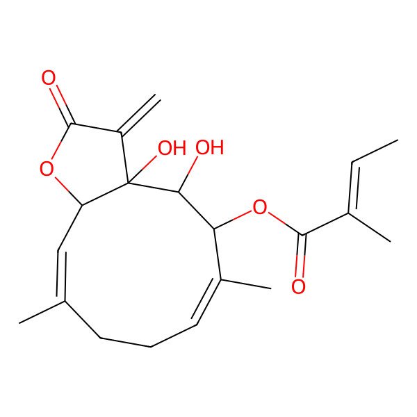 2D Structure of (3a,4-dihydroxy-6,10-dimethyl-3-methylidene-2-oxo-5,8,9,11a-tetrahydro-4H-cyclodeca[b]furan-5-yl) 2-methylbut-2-enoate