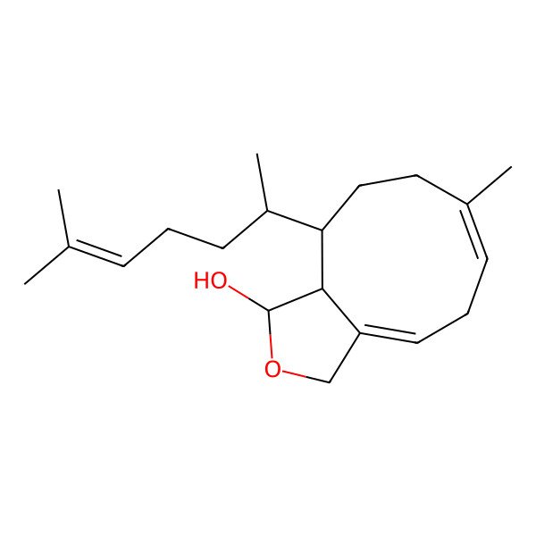 2D Structure of (1S,3aE,6Z,10S,10aR)-7-methyl-10-[(2R)-6-methylhept-5-en-2-yl]-3,5,8,9,10,10a-hexahydro-1H-cyclonona[c]furan-1-ol