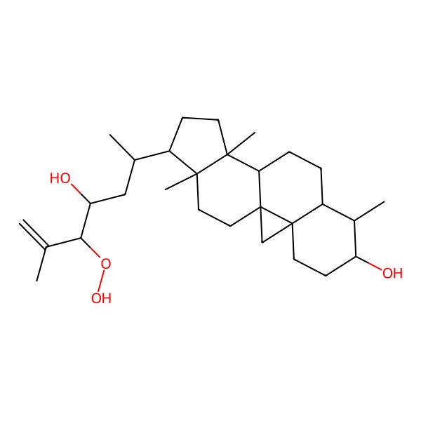 2D Structure of (1S,3R,6S,7S,8S,11S,12S,15R,16R)-15-[(2R,4S,5S)-5-hydroperoxy-4-hydroxy-6-methylhept-6-en-2-yl]-7,12,16-trimethylpentacyclo[9.7.0.01,3.03,8.012,16]octadecan-6-ol