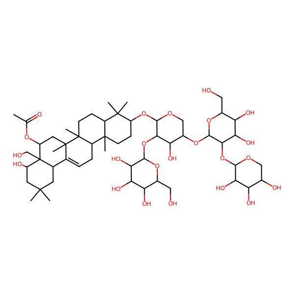 2D Structure of [(4S,4aS,5R,6aR,6aS,6bR,8aR,10S,12aR,14bS)-10-[(2S,3R,4S,5S)-5-[(2S,3R,4S,5S,6R)-4,5-dihydroxy-6-(hydroxymethyl)-3-[(2S,3R,4S,5R)-3,4,5-trihydroxyoxan-2-yl]oxyoxan-2-yl]oxy-4-hydroxy-3-[(2S,3R,4S,5S,6R)-3,4,5-trihydroxy-6-(hydroxymethyl)oxan-2-yl]oxyoxan-2-yl]oxy-4-hydroxy-4a-(hydroxymethyl)-2,2,6a,6b,9,9,12a-heptamethyl-1,3,4,5,6,6a,7,8,8a,10,11,12,13,14b-tetradecahydropicen-5-yl] acetate