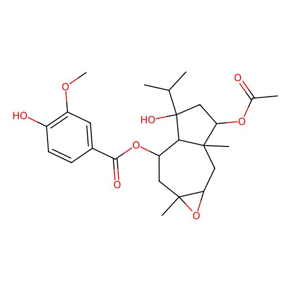 2D Structure of [(1aS,2aR,3R,5R,5aS,6S,7aR)-3-acetyloxy-5-hydroxy-2a,7a-dimethyl-5-propan-2-yl-2,3,4,5a,6,7-hexahydro-1aH-azuleno[6,7-b]oxiren-6-yl] 4-hydroxy-3-methoxybenzoate