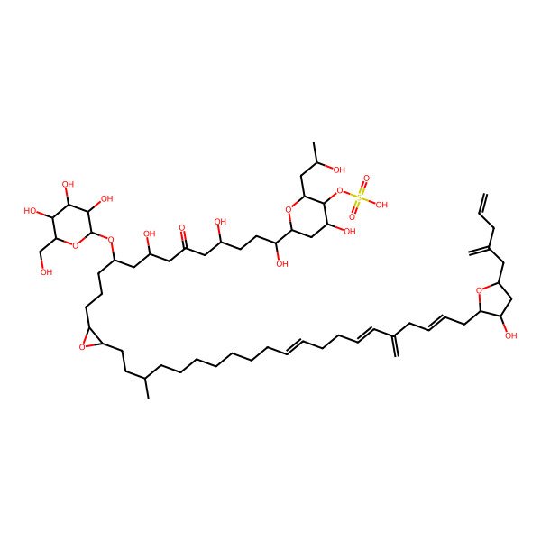 2D Structure of [(2R,3S,4S,6S)-4-hydroxy-2-(2-hydroxypropyl)-6-[1,4,8-trihydroxy-13-[3-[(11E,15E,19E)-21-[(2S,3R,5R)-3-hydroxy-5-(2-methylidenepent-4-enyl)oxolan-2-yl]-3-methyl-17-methylidenehenicosa-11,15,19-trienyl]oxiran-2-yl]-6-oxo-10-[(2R,3R,4S,5S,6R)-3,4,5-trihydroxy-6-(hydroxymethyl)oxan-2-yl]oxytridecyl]oxan-3-yl] hydrogen sulfate