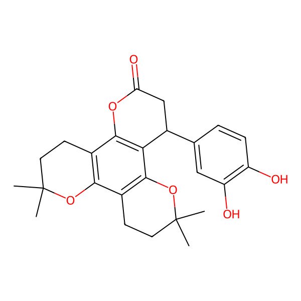2D Structure of 6-(3,4-Dihydroxyphenyl)-10,10,16,16-tetramethyl-3,9,15-trioxatetracyclo[12.4.0.02,7.08,13]octadeca-1(14),2(7),8(13)-trien-4-one