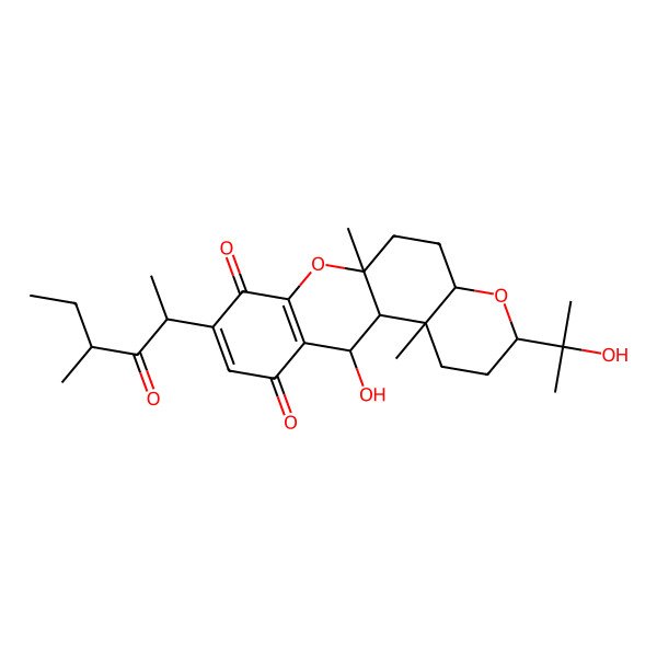 2D Structure of 12-Hydroxy-3-(2-hydroxypropan-2-yl)-6a,12b-dimethyl-9-(4-methyl-3-oxohexan-2-yl)-1,2,3,4a,5,6,12,12a-octahydropyrano[3,2-a]xanthene-8,11-dione