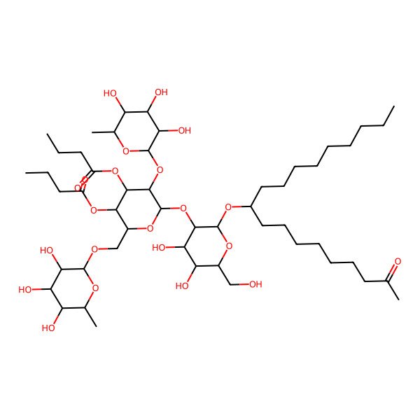 2D Structure of [(2R,3R,4S,5R,6S)-4-butanoyloxy-6-[(2R,3R,4S,5S,6R)-4,5-dihydroxy-6-(hydroxymethyl)-2-[(10R)-2-oxononadecan-10-yl]oxyoxan-3-yl]oxy-5-[(2S,3S,4R,5R,6S)-3,4,5-trihydroxy-6-methyloxan-2-yl]oxy-2-[[(2R,3S,4S,5R,6R)-3,4,5-trihydroxy-6-methyloxan-2-yl]oxymethyl]oxan-3-yl] butanoate