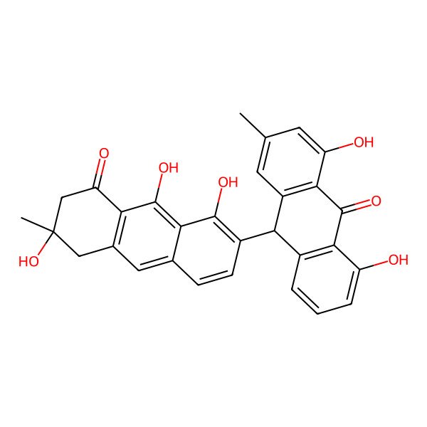 2D Structure of (10R)-1,8-dihydroxy-3-methyl-10-[(6R)-1,6,9-trihydroxy-6-methyl-8-oxo-5,7-dihydroanthracen-2-yl]-10H-anthracen-9-one