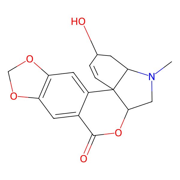 2D Structure of (1S,13R,16S,18S)-18-hydroxy-15-methyl-5,7,12-trioxa-15-azapentacyclo[11.7.0.01,16.02,10.04,8]icosa-2,4(8),9,19-tetraen-11-one