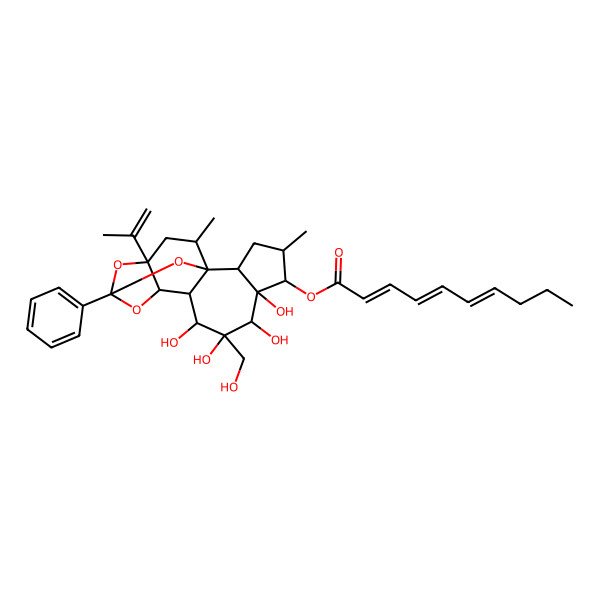 2D Structure of [(1R,2R,4S,5S,6S,7S,8R,9S,10S,11R,13S,15R,17R)-6,7,8,9-tetrahydroxy-8-(hydroxymethyl)-4,17-dimethyl-13-phenyl-15-prop-1-en-2-yl-12,14,18-trioxapentacyclo[11.4.1.01,10.02,6.011,15]octadecan-5-yl] (2E,4E,6E)-deca-2,4,6-trienoate