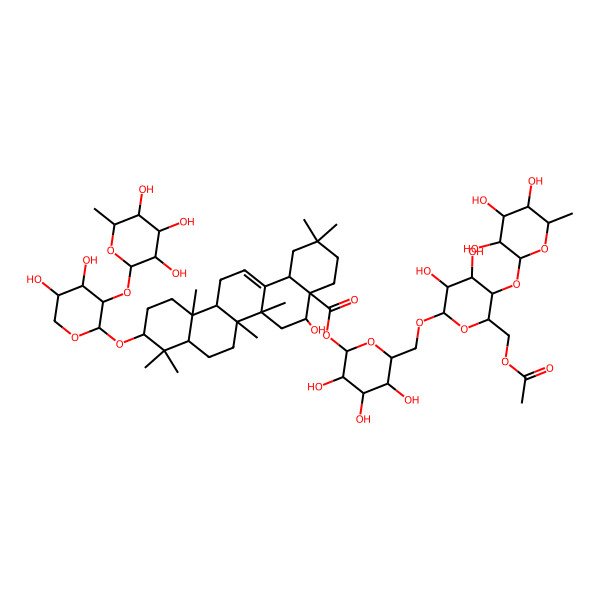 2D Structure of [(2S,3R,4S,5S,6R)-6-[[(2R,3R,4R,5S,6R)-6-(acetyloxymethyl)-3,4-dihydroxy-5-[(2S,3R,4R,5R,6S)-3,4,5-trihydroxy-6-methyloxan-2-yl]oxyoxan-2-yl]oxymethyl]-3,4,5-trihydroxyoxan-2-yl] (4aR,5R,6aR,6aS,6bR,8aR,10S,12aR,14bS)-10-[(2R,3R,4S,5S)-4,5-dihydroxy-3-[(2S,3R,4R,5R,6S)-3,4,5-trihydroxy-6-methyloxan-2-yl]oxyoxan-2-yl]oxy-5-hydroxy-2,2,6a,6b,9,9,12a-heptamethyl-1,3,4,5,6,6a,7,8,8a,10,11,12,13,14b-tetradecahydropicene-4a-carboxylate
