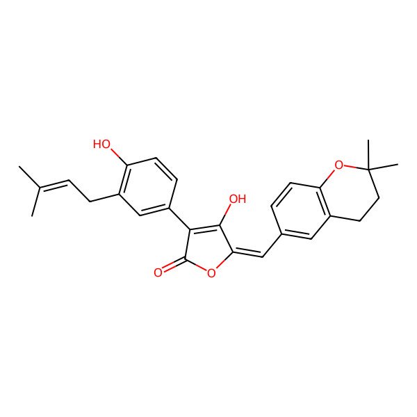 2D Structure of (5Z)-5-[(2,2-dimethyl-3,4-dihydrochromen-6-yl)methylidene]-4-hydroxy-3-[4-hydroxy-3-(3-methylbut-2-enyl)phenyl]furan-2-one