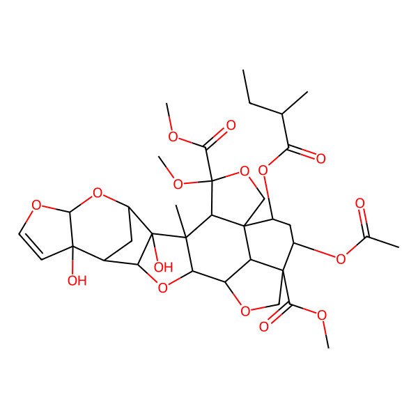2D Structure of dimethyl (1S,4S,5R,6S,7R,8R,10S,14S,16R,18S,19R,22S,23R,25S,26R)-23-acetyloxy-7,14-dihydroxy-4-methoxy-6-methyl-25-(2-methylbutanoyloxy)-3,9,11,17,20-pentaoxaoctacyclo[17.6.1.18,15.01,5.06,18.07,16.010,14.022,26]heptacos-12-ene-4,22-dicarboxylate