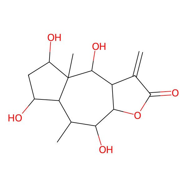 2D Structure of 4,6,8,9-tetrahydroxy-5,8a-dimethyl-1-methylidene-4,5,5a,6,7,8,9,9a-octahydro-3aH-azuleno[6,5-b]furan-2-one