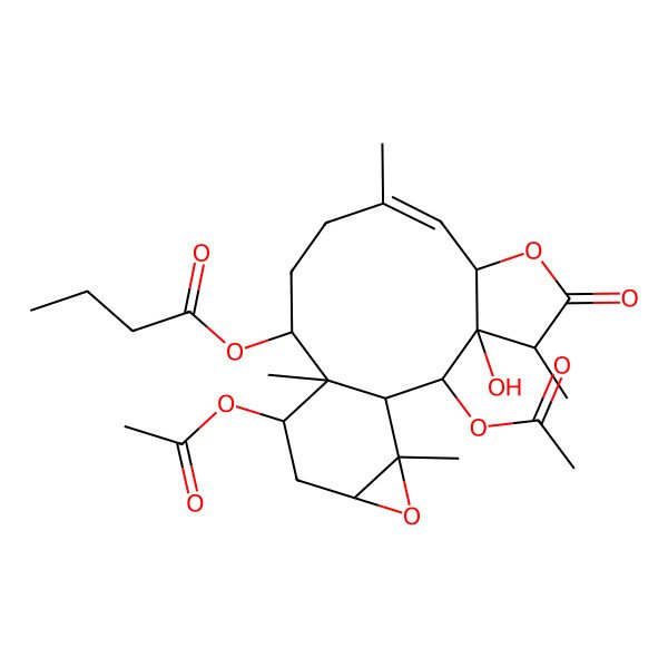 2D Structure of (2,14-Diacetyloxy-3-hydroxy-4,9,13,18-tetramethyl-5-oxo-6,17-dioxatetracyclo[11.5.0.03,7.016,18]octadec-8-en-12-yl) butanoate