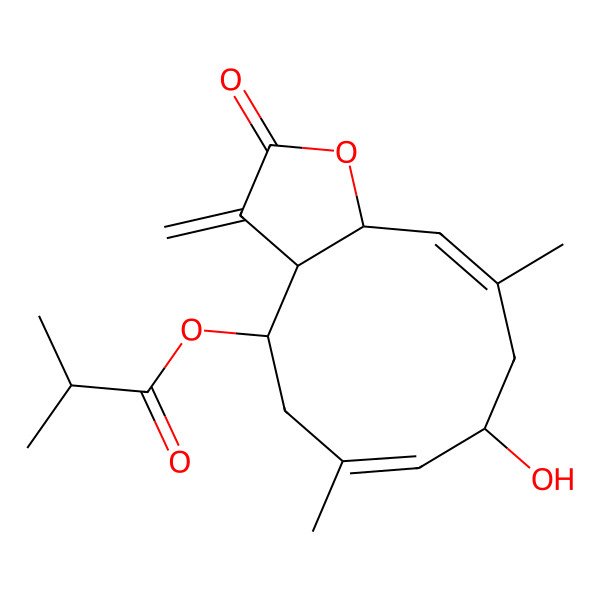 2D Structure of [(3aR,4R,6E,8R,10E,11aR)-8-hydroxy-6,10-dimethyl-3-methylidene-2-oxo-3a,4,5,8,9,11a-hexahydrocyclodeca[b]furan-4-yl] 2-methylpropanoate