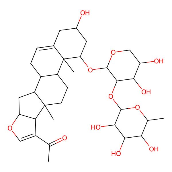 2D Structure of 1-[(1S,2S,4S,8S,9S,12S,13R,14R,16R)-14-[(2S,3R,4S,5S)-4,5-dihydroxy-3-[(2S,3R,4R,5R,6S)-3,4,5-trihydroxy-6-methyloxan-2-yl]oxyoxan-2-yl]oxy-16-hydroxy-9,13-dimethyl-5-oxapentacyclo[10.8.0.02,9.04,8.013,18]icosa-6,18-dien-7-yl]ethanone