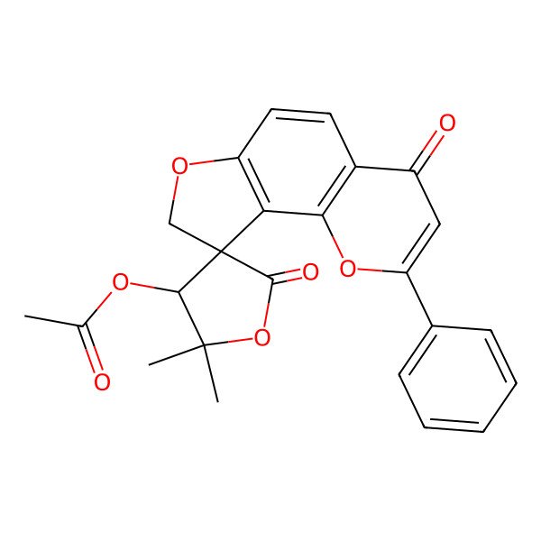 2D Structure of Spiro(furan-3(2H),9'(8H)-(4H)furo(2,3-h)(1)benzopyran)-2,4'-dione, 4-(acetyloxy)-4,5-dihydro-5,5-dimethyl-2'-phenyl-, trans-(-)-