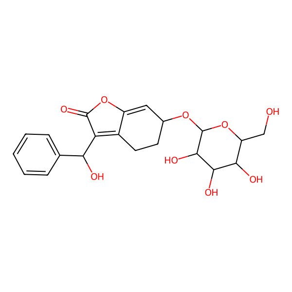 2D Structure of (6R)-3-[(R)-hydroxy(phenyl)methyl]-6-[(2S,3R,4S,5R,6R)-3,4,5-trihydroxy-6-(hydroxymethyl)oxan-2-yl]oxy-5,6-dihydro-4H-1-benzofuran-2-one