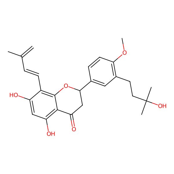 2D Structure of (2S)-5,7-dihydroxy-2-[3-(3-hydroxy-3-methylbutyl)-4-methoxyphenyl]-8-[(1E)-3-methylbuta-1,3-dienyl]-2,3-dihydrochromen-4-one