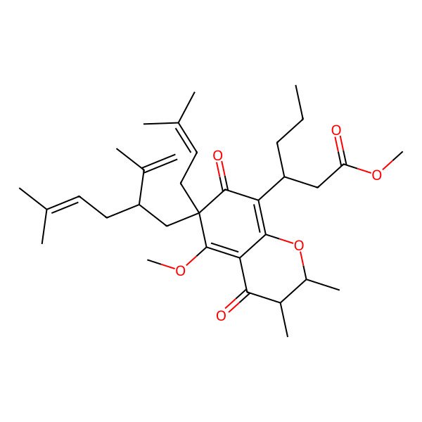 2D Structure of Methyl 3-[5-methoxy-2,3-dimethyl-6-(3-methylbut-2-enyl)-6-(5-methyl-2-prop-1-en-2-ylhex-4-enyl)-4,7-dioxo-2,3-dihydrochromen-8-yl]hexanoate