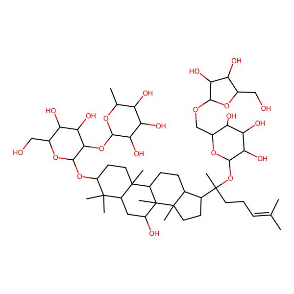 2D Structure of 2-[2-[[17-[2-[6-[[3,4-dihydroxy-5-(hydroxymethyl)oxolan-2-yl]oxymethyl]-3,4,5-trihydroxyoxan-2-yl]oxy-6-methylhept-5-en-2-yl]-7-hydroxy-4,4,8,10,14-pentamethyl-2,3,5,6,7,9,11,12,13,15,16,17-dodecahydro-1H-cyclopenta[a]phenanthren-3-yl]oxy]-4,5-dihydroxy-6-(hydroxymethyl)oxan-3-yl]oxy-6-methyloxane-3,4,5-triol