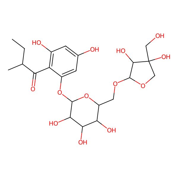 2D Structure of (2S)-1-[2-[(2S,3R,4S,5S,6R)-6-[[(2R,3R,4R)-3,4-dihydroxy-4-(hydroxymethyl)oxolan-2-yl]oxymethyl]-3,4,5-trihydroxyoxan-2-yl]oxy-4,6-dihydroxyphenyl]-2-methylbutan-1-one
